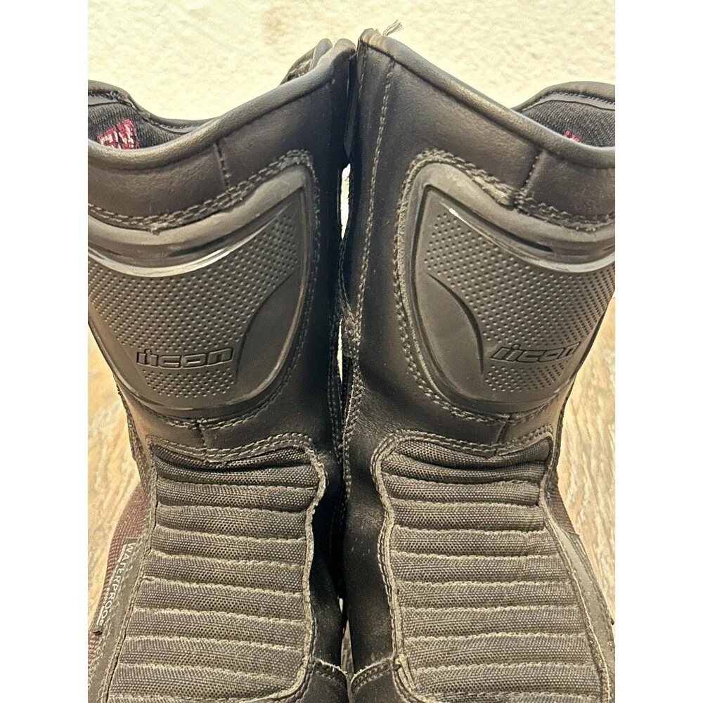 Icon Reign Black Leather Waterproof Side Zip Motorcycle Boot Women Size 9 EUC